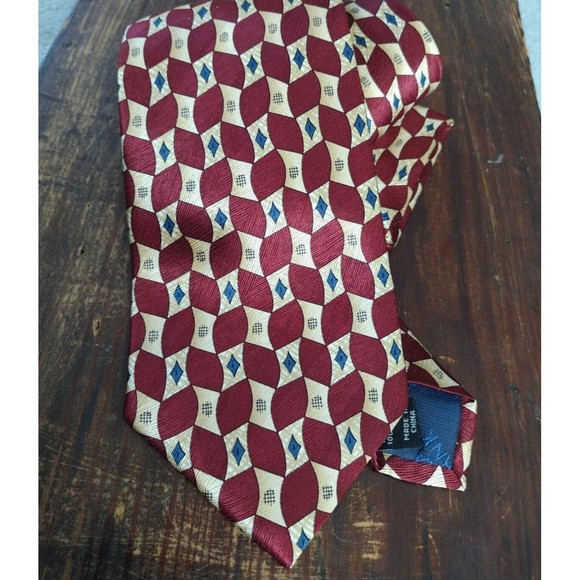 Jos.A.Bank 100% Silk Necktie Geometric Formal Print Red Gold Blue - Picture 7 of 12